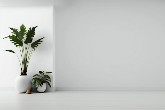 habitación vacía de pared blanca con plantas en el suelo, representación 3d en estilo minimalista