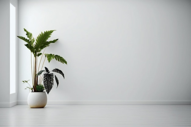 habitación vacía de pared blanca con plantas en el suelo, representación 3d en estilo minimalista