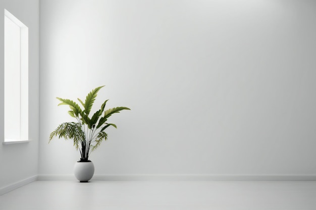 habitación vacía de pared blanca con plantas en el suelo, representación 3d en estilo minimalista