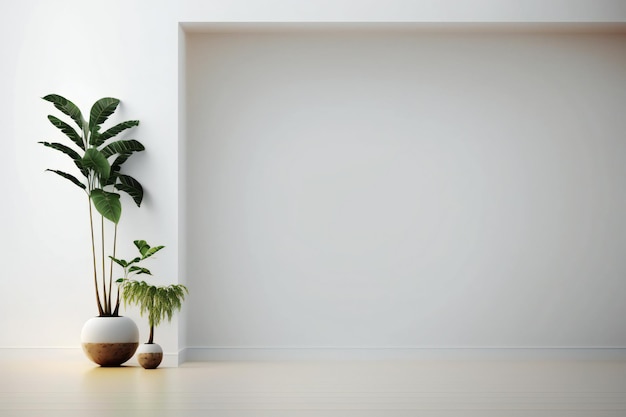 habitación vacía de pared blanca con plantas en el suelo, representación 3d en estilo minimalista