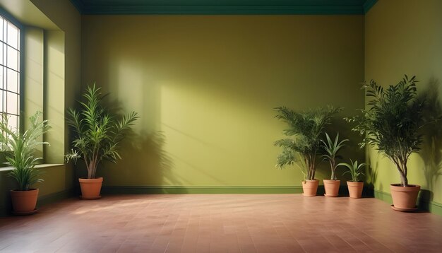 habitación vacía de pared de color verde con plantas interiores reales en un piso