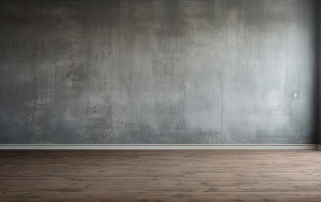 Habitación vacía con pared gris y suelo de madera.