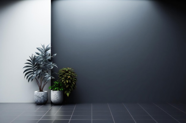 habitación vacía de pared oscura con plantas en el suelo, representación 3d en estilo minimalista