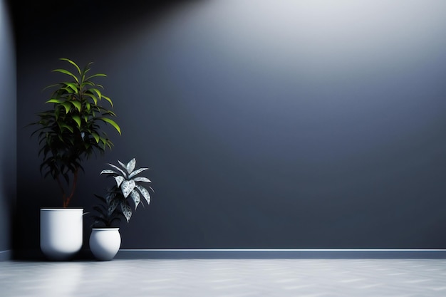 habitación vacía de pared oscura con plantas en el suelo, representación 3d en estilo minimalista