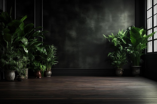 Habitación vacía de pared oscura con plantas