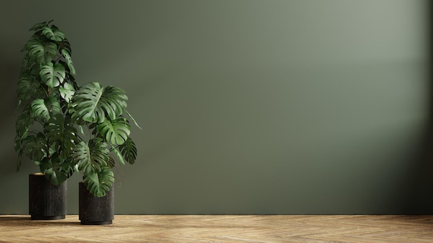 Habitación vacía de pared verde oscuro con plantas en el piso