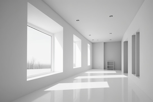 Una habitación vacía con paredes y suelos en blanco. IA generativa