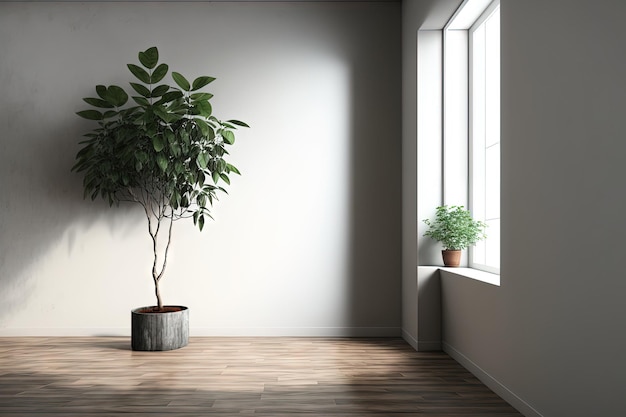 Una habitación vacía con piso de madera y algunas plantas en macetas.