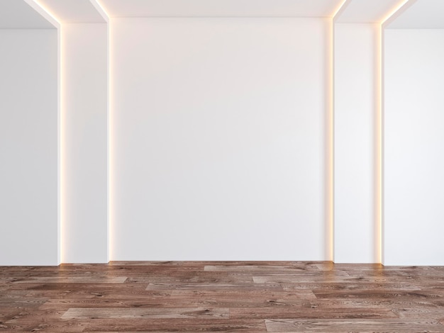 Habitación vacía con piso de madera de parquet de luz oculta de pared blanca en blanco