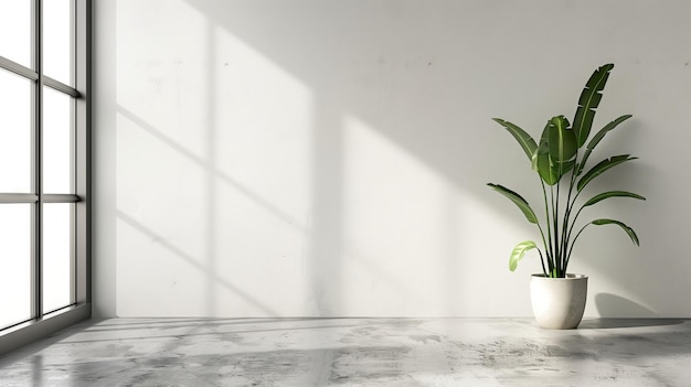una habitación vacía con una planta en maceta frente a una ventana