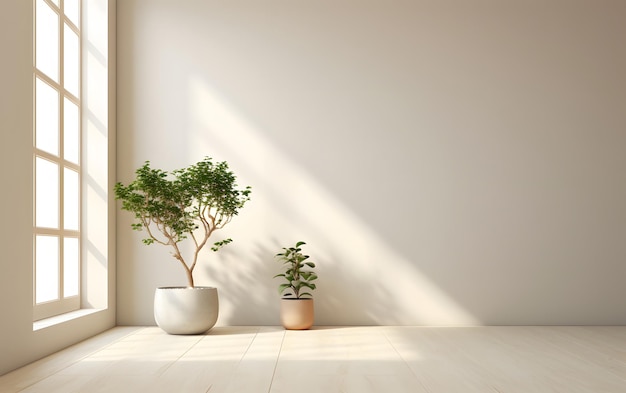 Habitación vacía con una planta en maceta en el suelo.