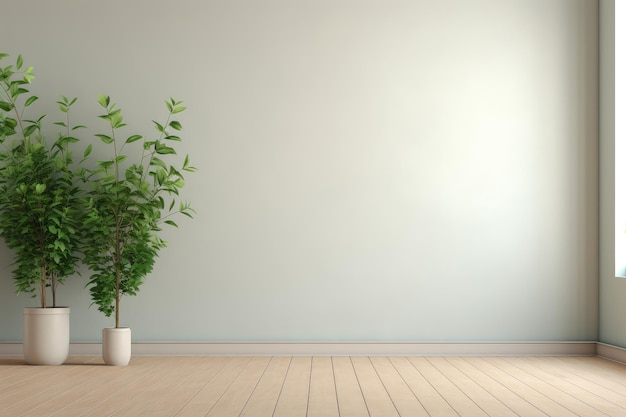 Habitación vacía con planta en vaso suelo de madera y ventana