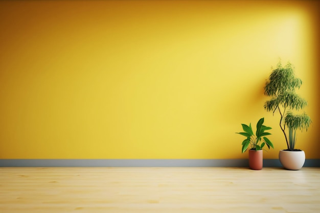 La habitación vacía con plantas tiene suelo de madera sobre fondo de pared amarilla