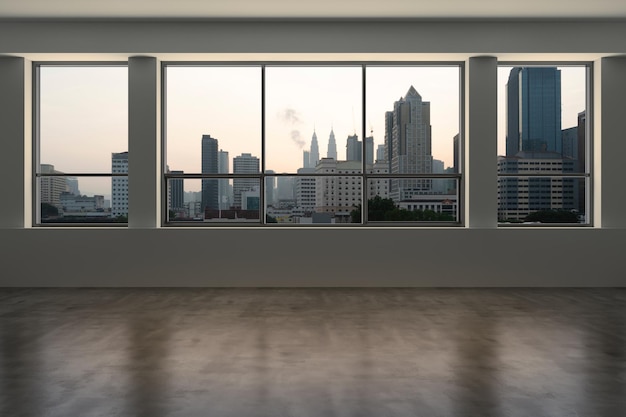 Habitación vacía Rascacielos interiores Ver MalasiaCentro de la ciudad de Kuala Lumpur Edificios del horizonte de la ciudad desde la ventana de gran altura Hermosas propiedades inmobiliarias caras con vistas a la puesta del sol Representación 3d