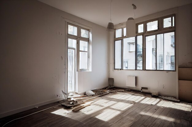 Habitación vacía en la renovación y reparación de pisos y reemplazo de ventanas
