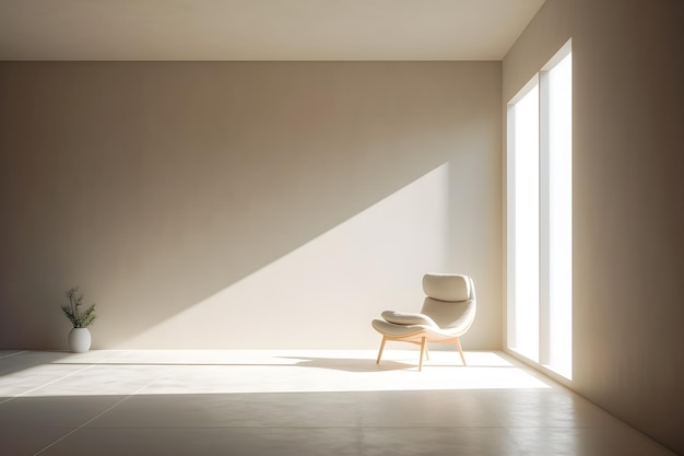 Habitación vacía con una silla y una ventana que dice 'la palabra hogar'