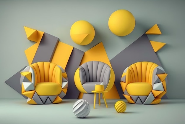 Habitación vacía con sillas sofá y sillón en amarillo soleado y gris apagado arte minimalista