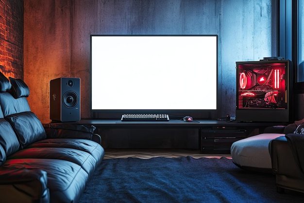 Habitación vacía con sofá en el medio y computadora de juegos en el fondo