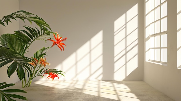 Habitación vacía con sombras de ventana y flores y hojas de palma Generativo Ai