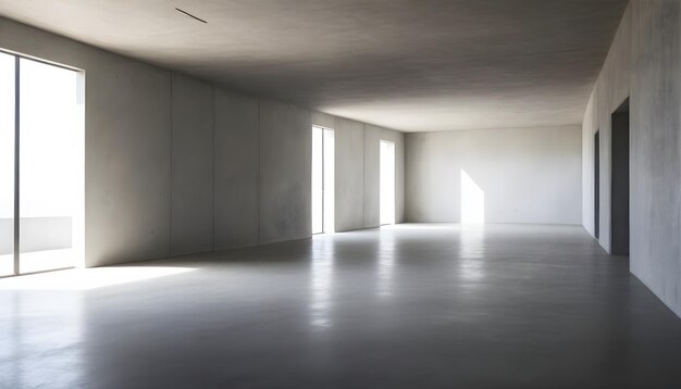 Habitación vacía con suelo y paredes de cemento gris luz solar 1