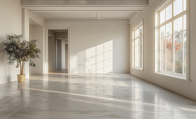 una habitación vacía con ventanas y luz en el estilo de pureza minimalista blanco IA generativa