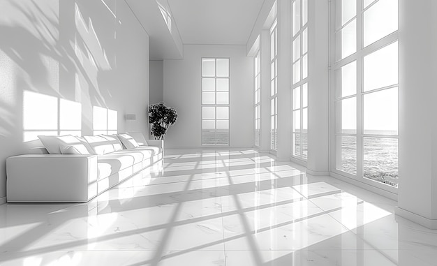 una habitación vacía con ventanas y luz en el estilo de pureza minimalista blanco IA generativa