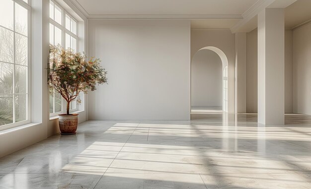 Foto una habitación vacía con ventanas y luz en el estilo de pureza minimalista blanco ia generativa