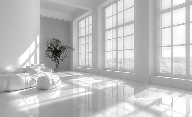 una habitación vacía con ventanas y luz en el estilo de pureza minimalista blanco IA generativa