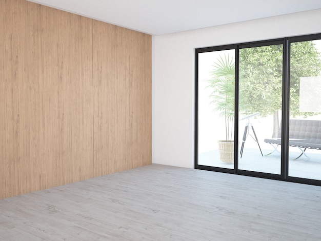 Habitación vacía con ventanas y paredes de madera.