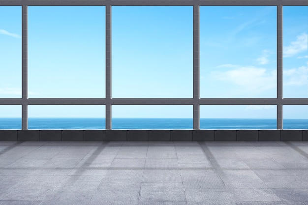 Foto habitación vacía con vista al mar y fondo de cielo azul