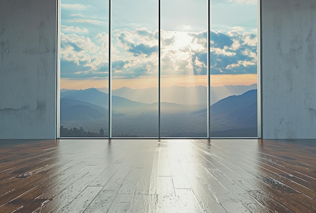 una habitación vacía con vistas a las montañas a través de una ventana