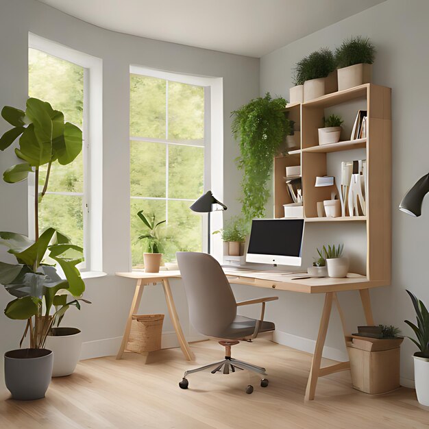 una habitación con una ventana una computadora y una planta en el estante