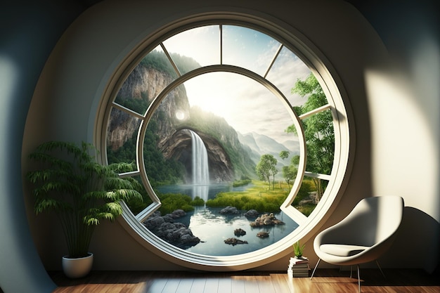 Una habitación con ventana de cristal redonda con vistas al hermoso paisaje de fondo