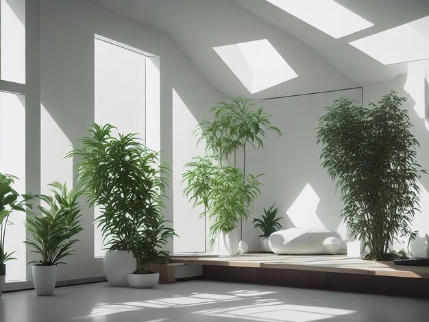 Una habitación con una ventana grande y una planta en ella.