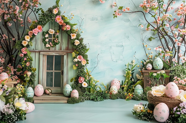 una habitación con una ventana y huevos de Pascua en la ventana