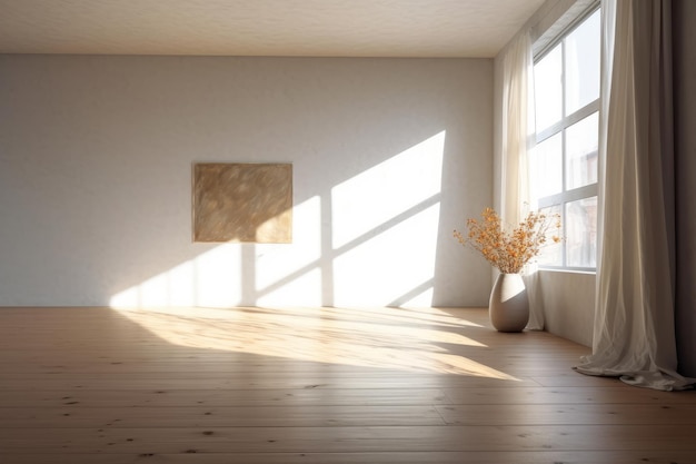 Una habitación con una ventana y un jarrón con flores.