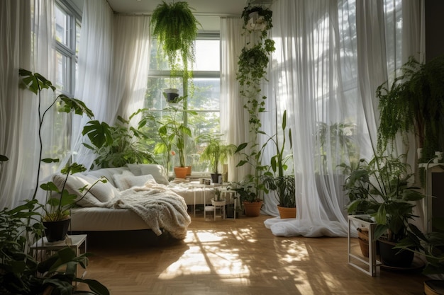 Una habitación con una ventana con una planta colgando del techo.