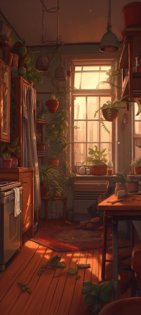 Una habitación con una ventana y plantas en ella.
