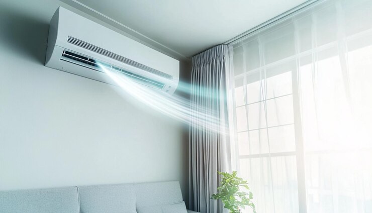 una habitación con una ventana que tiene una cortina blanca que dice aire acondicionado