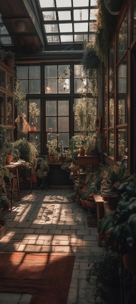 Una habitación con una ventana que tiene muchas plantas.