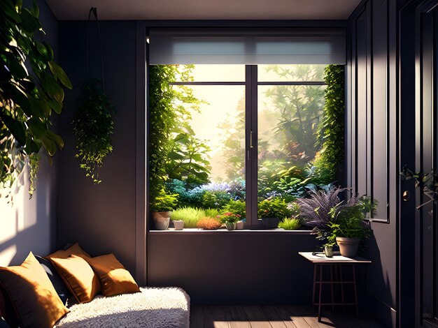 Una habitación con una ventana que tiene plantas.