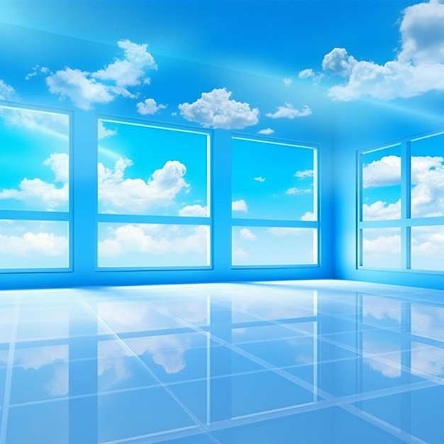 Foto una habitación con ventanas y cielo azul y nubes