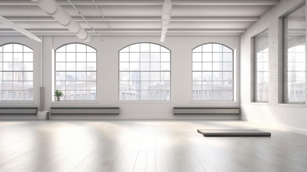 Una habitación con ventanas que tienen la palabra yoga.