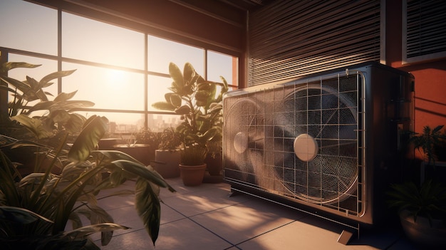 Una habitación con un ventilador frente a una ventana con plantas al fondo.