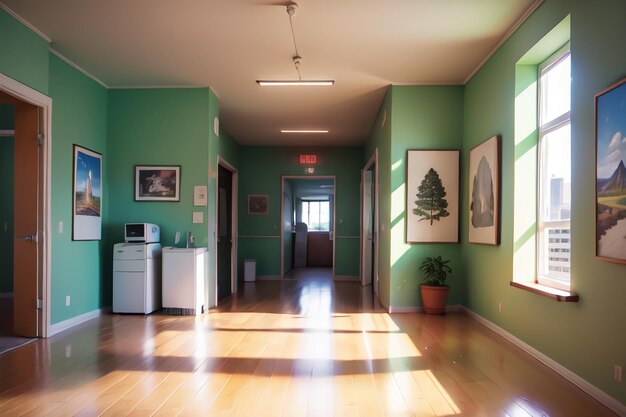 Una habitación verde con un cartel que dice " habitación verde " en la pared.