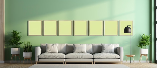 Habitación verde claro contemporáneo con pared de galería puff otomana con marcos ing
