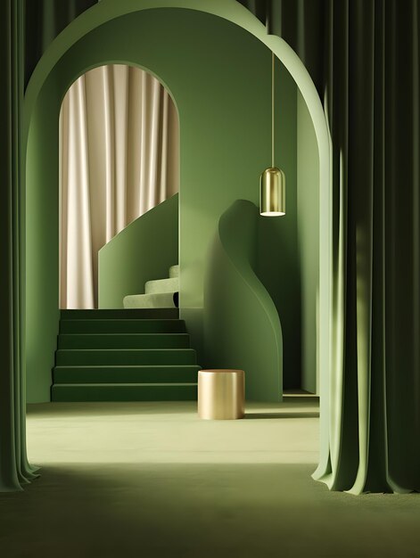 Una habitación verde con una escalera y una cortina verde en una generación de IA de tendencia moderna