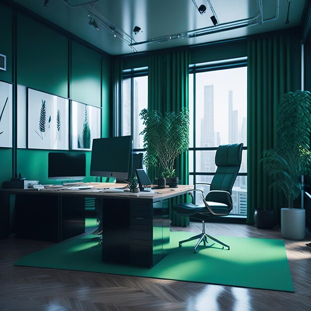 Una habitación verde con un escritorio y un monitor encima.