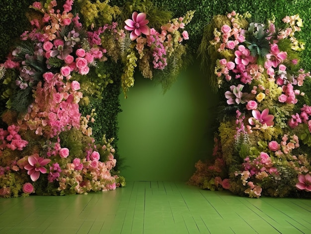 Una habitación verde con un fondo de flores rosas.