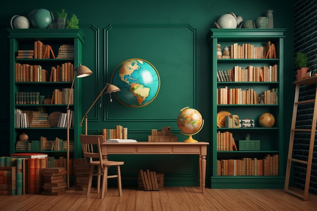 Una habitación verde con un globo terráqueo y estanterías.